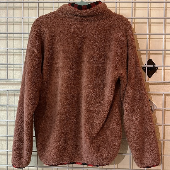 Dusty Rose Sherpa Pullover with Black & Red Plaid Trim - Picture 5 of 5